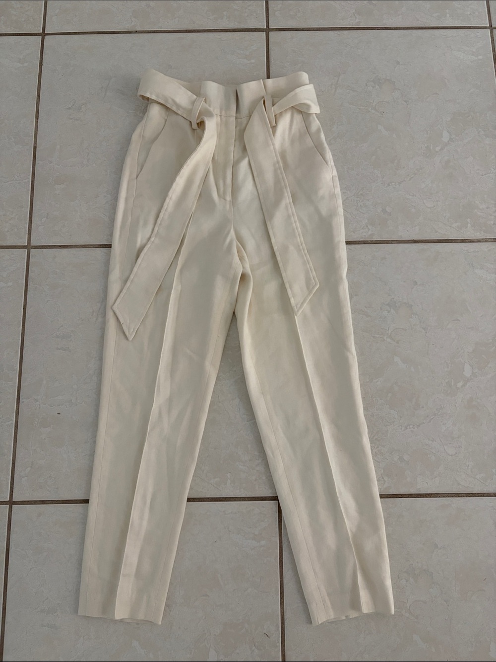 Veronica Beard Cream Paperbag Waist Trousers with Tie
